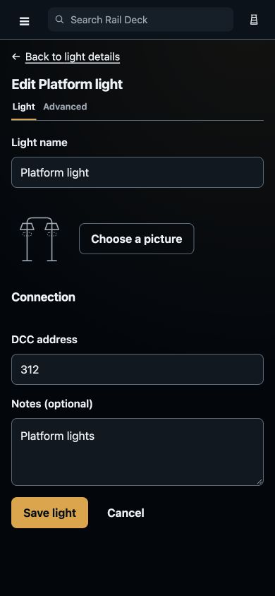 Platform light details with a name, picture choice, connection address, notes and Save or Cancel.